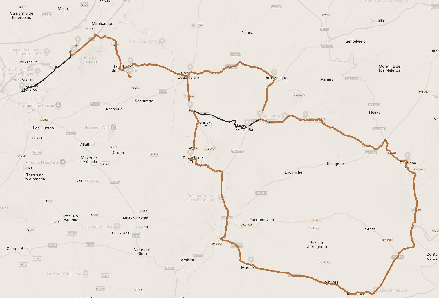 Mapa del trazado de la ruta entre Alcalá de Henares, Los Santos de la Humosa, La Alcarria y Pastrana