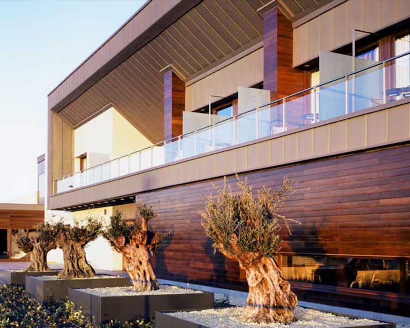 Fachada del restaurante con olivos y terraza de madera